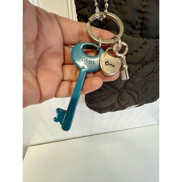 Fossil Key Per Fabric Quilted Crossbody Brown Slingbag Purse W/ Lock & Key Charm - Picture 7 of 8